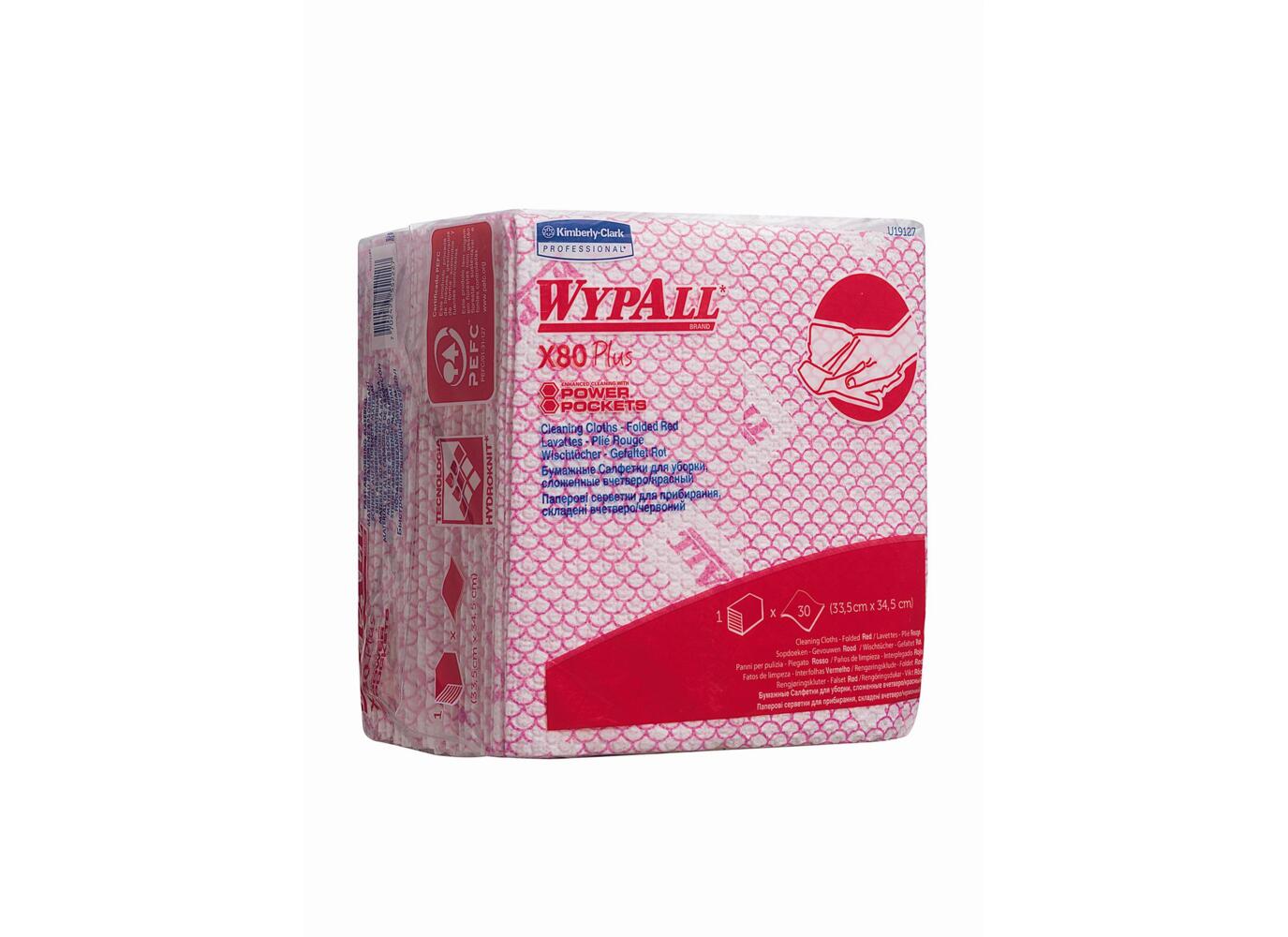 WypAll® X80 Plus-Tücher 19127 – 8 Packungen mit je 30 viertelgefalteten, roten Tüchern - 19127