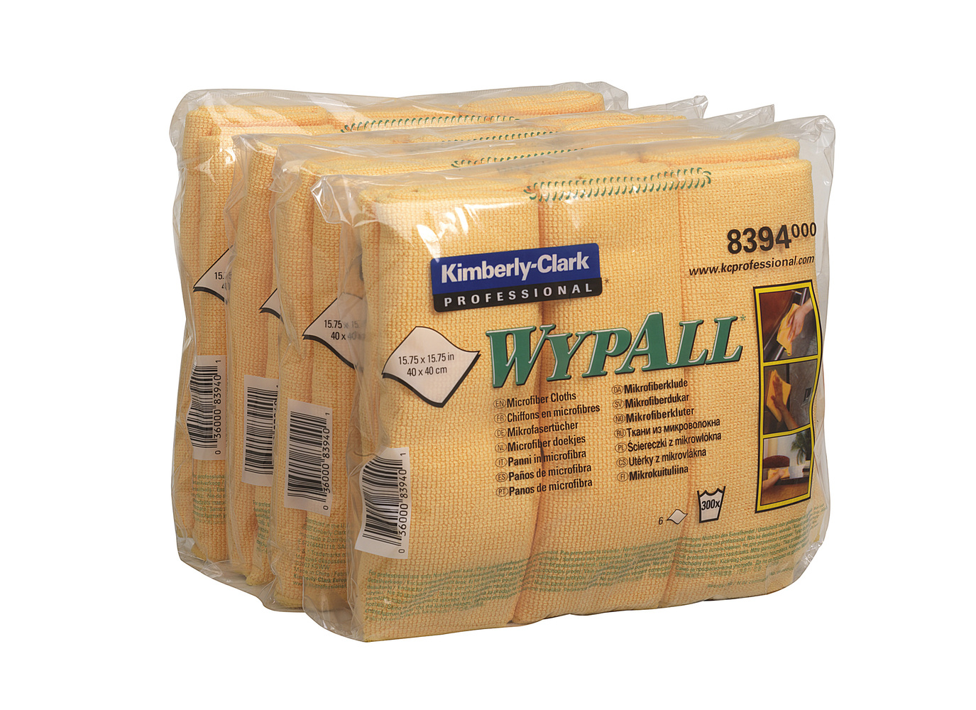 WypAll® Mikrofasertücher 8394 - 6 gelbe, 40 x 40 cm große Tücher pro Päckchen (Karton enthält 4 Päckchen). - 8394