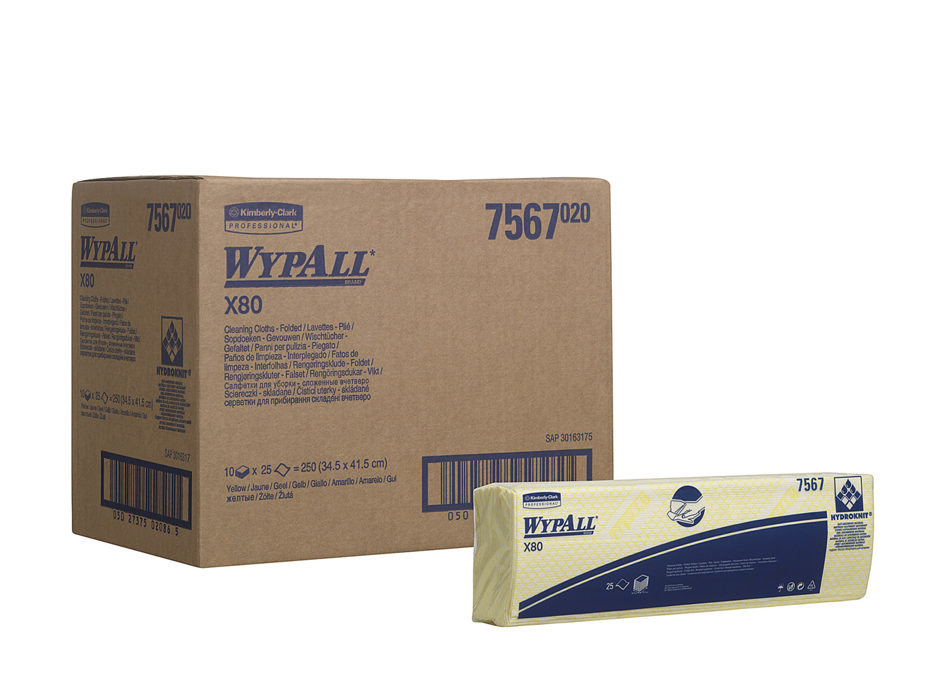 WypAll® X80 Farbcodierte Reinigungstücher 7567 – Reinigungstücher Gelb – 10 Packungen x 25 Reinigungstücher für hohe Beanspruchung (insges. 250) - 7567