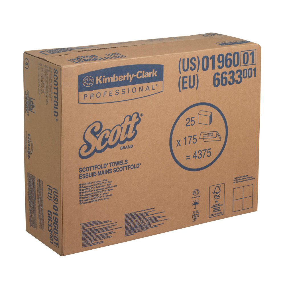 Scott® Multifold Handtücher 6633 – 25 Packungen mit je 175 weißen, 1-lagigen Tüchern - 6633