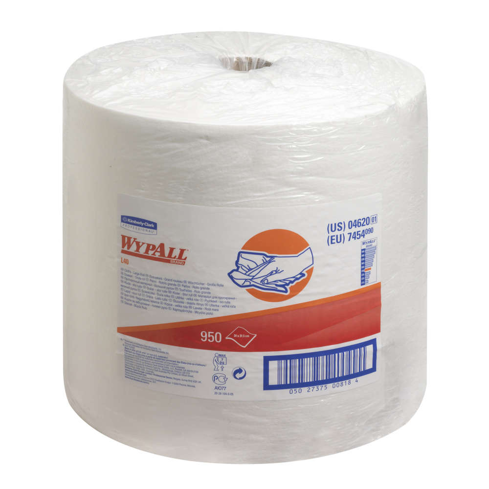 WypAll® L40 Wischtücher auf der Großrolle 7454 - 1 Rolle mit 950 weißen, 1-lagigen Tüchern - 7454