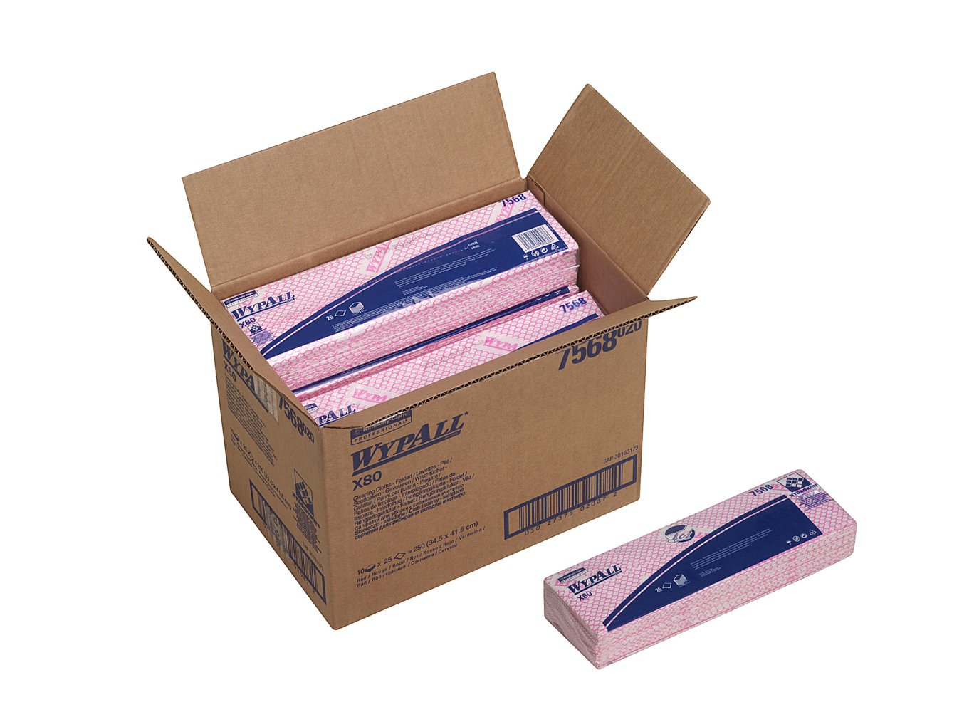 WypAll® X80 Farbcodierte Reinigungstücher 7568 – Reinigungstücher Rot – 10 Packungen x 25 Reinigungstücher für hohe Beanspruchung (insges. 250) - 7568