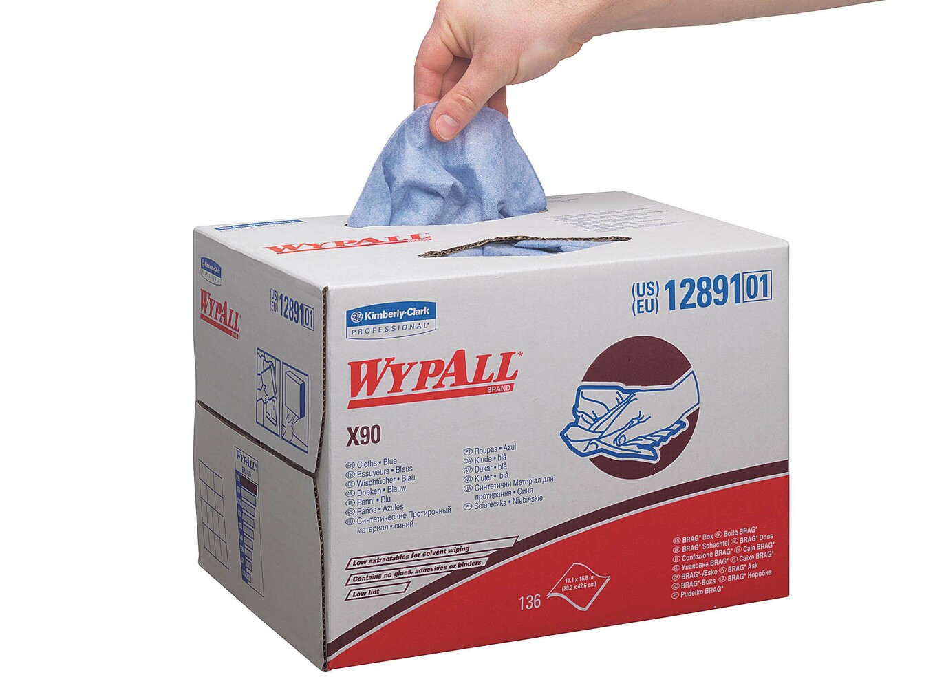 WypAll® X90 Tücher 12891 – 1 BRAG™ Box mit 136 blauen, 2-lagigen Tüchern - 12891