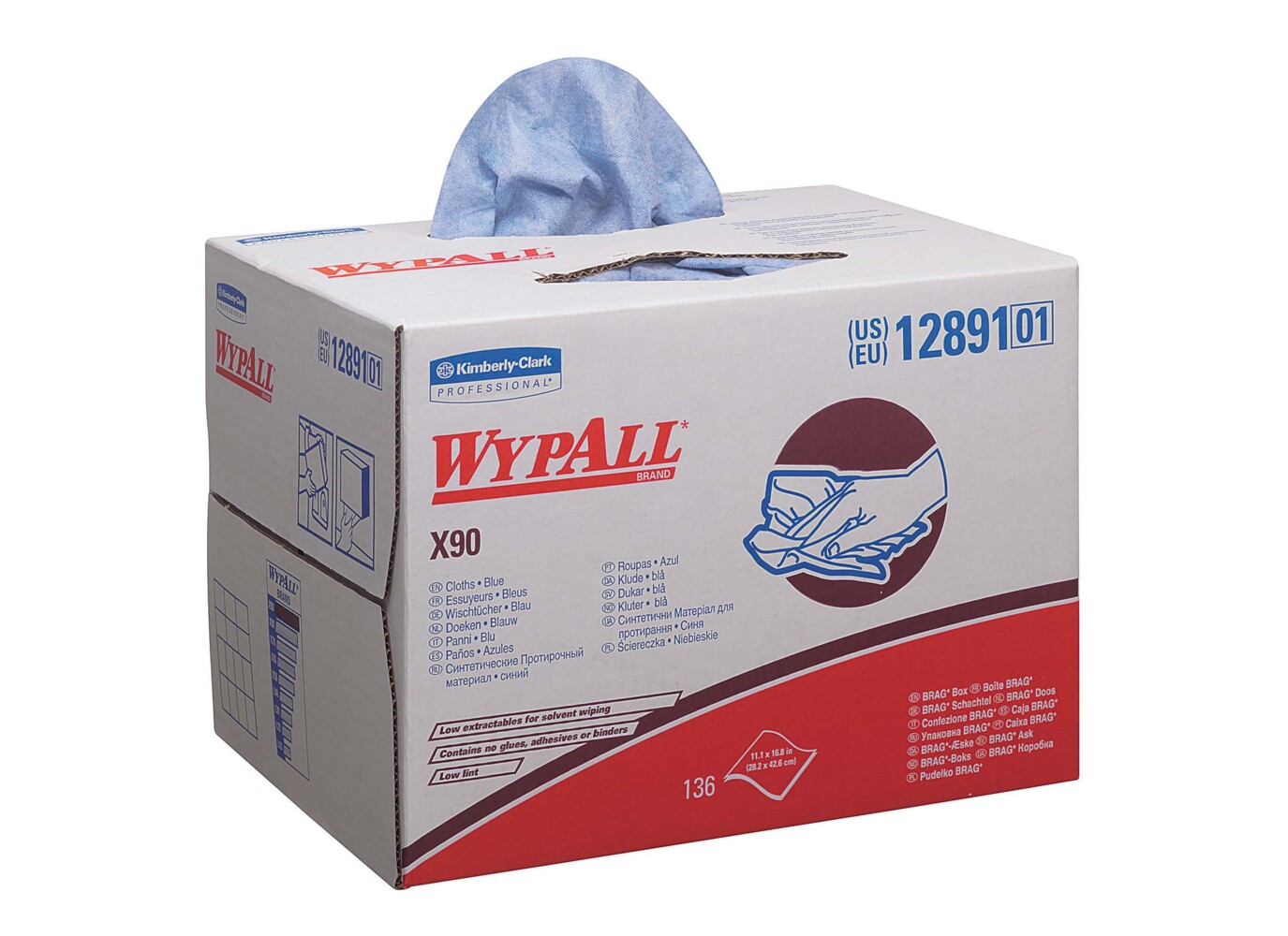 WypAll® X90 Tücher 12891 – 1 BRAG™ Box mit 136 blauen, 2-lagigen Tüchern - 12891