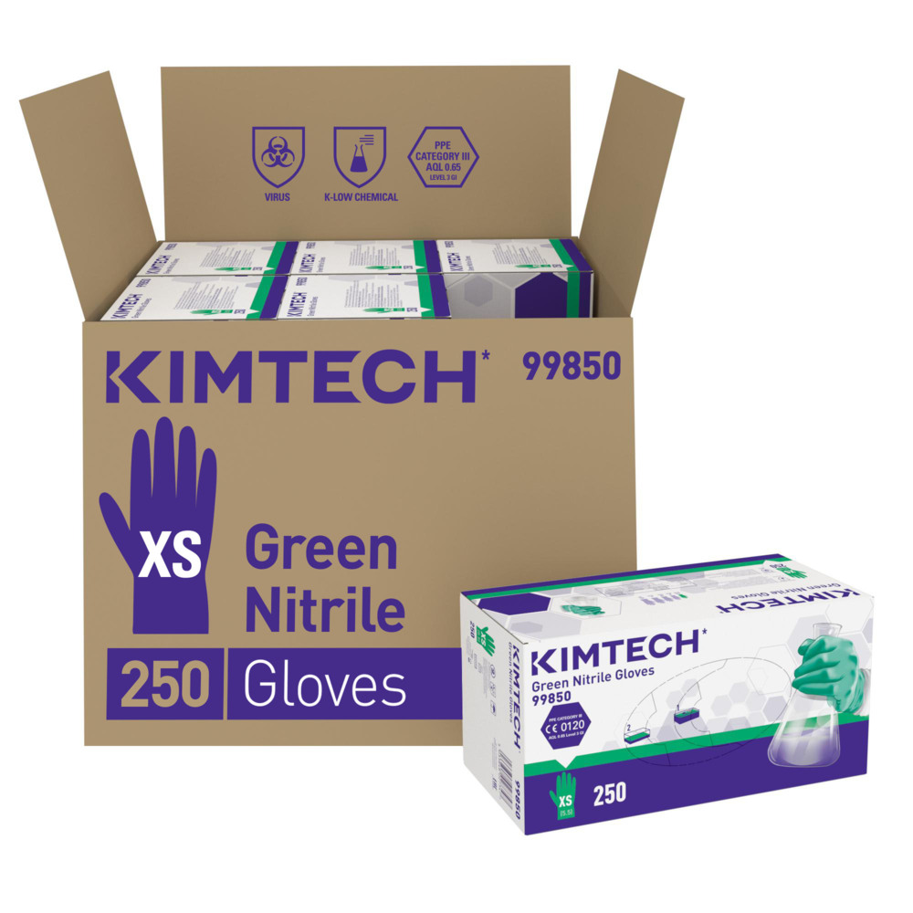 Kimtech™ Green beidseitig tragbare Nitrilhandschuhe 99850 – Grün, XS, 6x250 (1.500 Handschuhe) - 99850