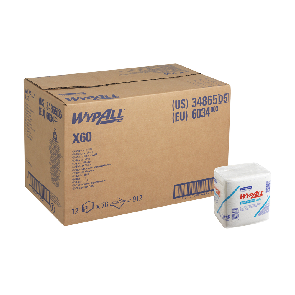 WypAll® X60 1/4-gefaltete Tücher 6034 – 12 Packungen mit je 76 viertelgefalteten, weißen Tüchern