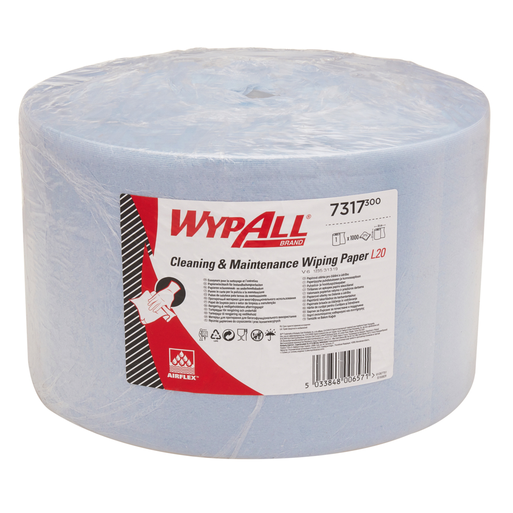 WypAll® Papierwischtücher für Instandhaltungsarbeiten L20, Jumborolle – extralang 7317 – 1 Rolle x 1.000 Wischtücher, 2-lagig, blau - 7317