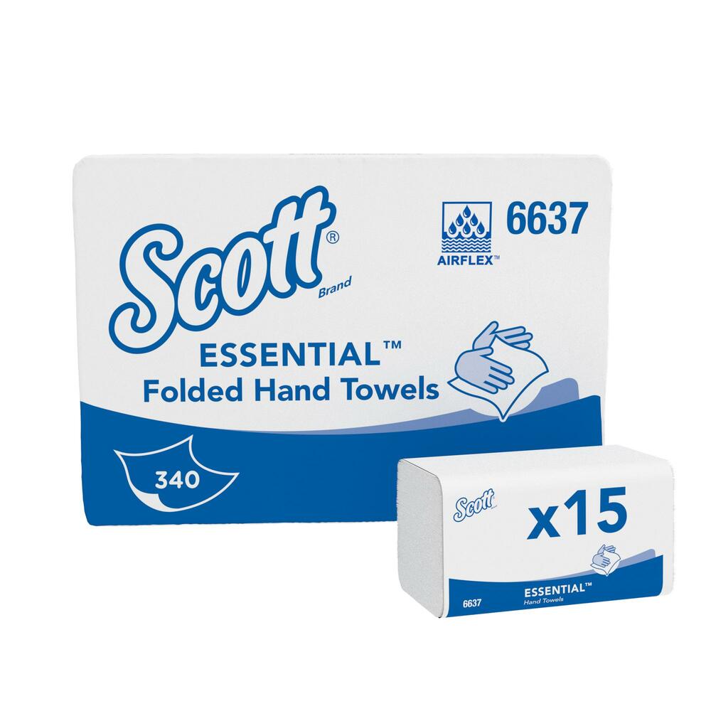 Scott® Essential™ Handtücher klein mit Interfold-Faltung 6637 – 15 Packungen mit je 340 weißen, 1-lagigen Tüchern