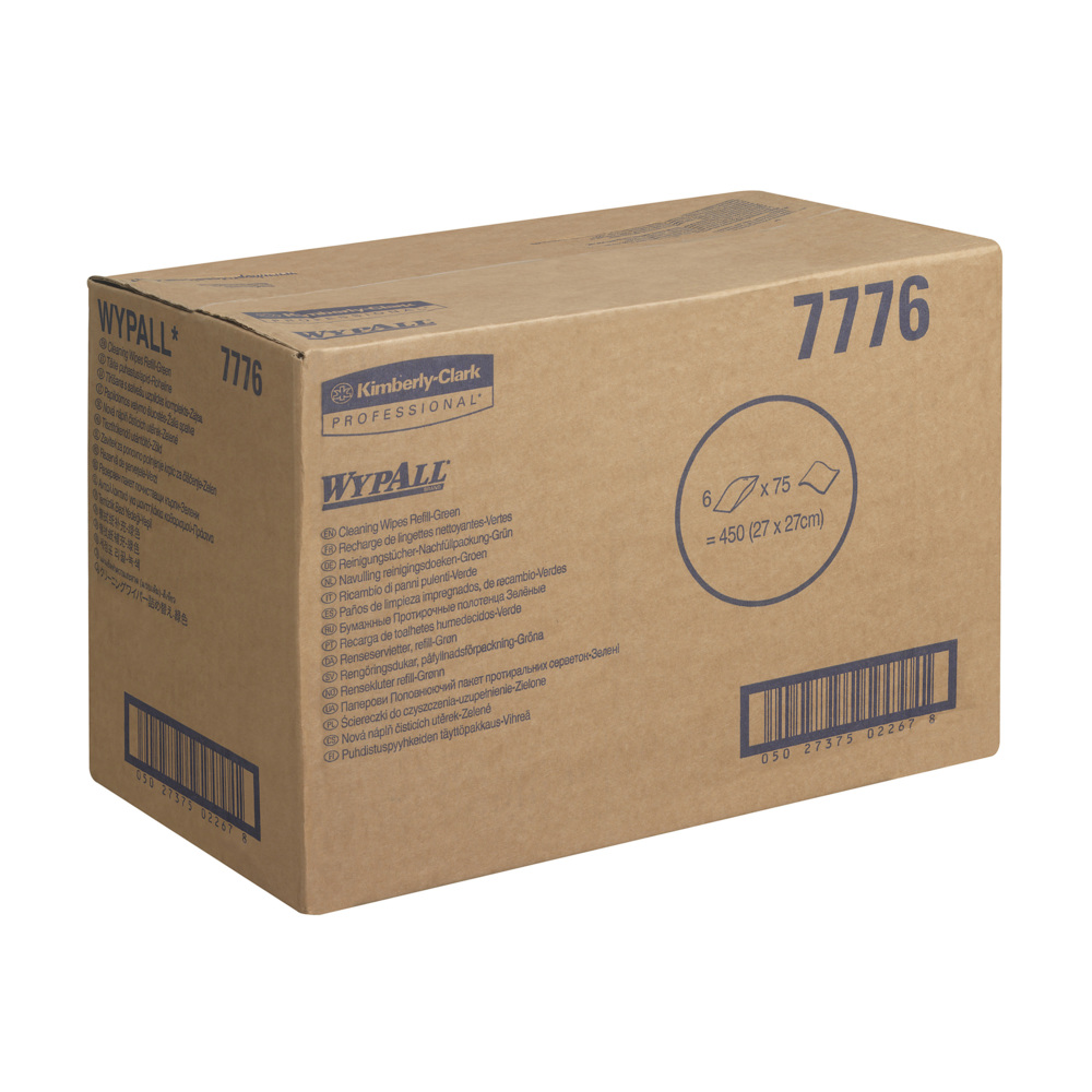 WypAll® Reinigungstücher Nachfüllpack 7776 – 75 grüne, 1-lagige, vorgetränkte Tücher pro Beutel (Karton enthält 6 Beutel) - 7776