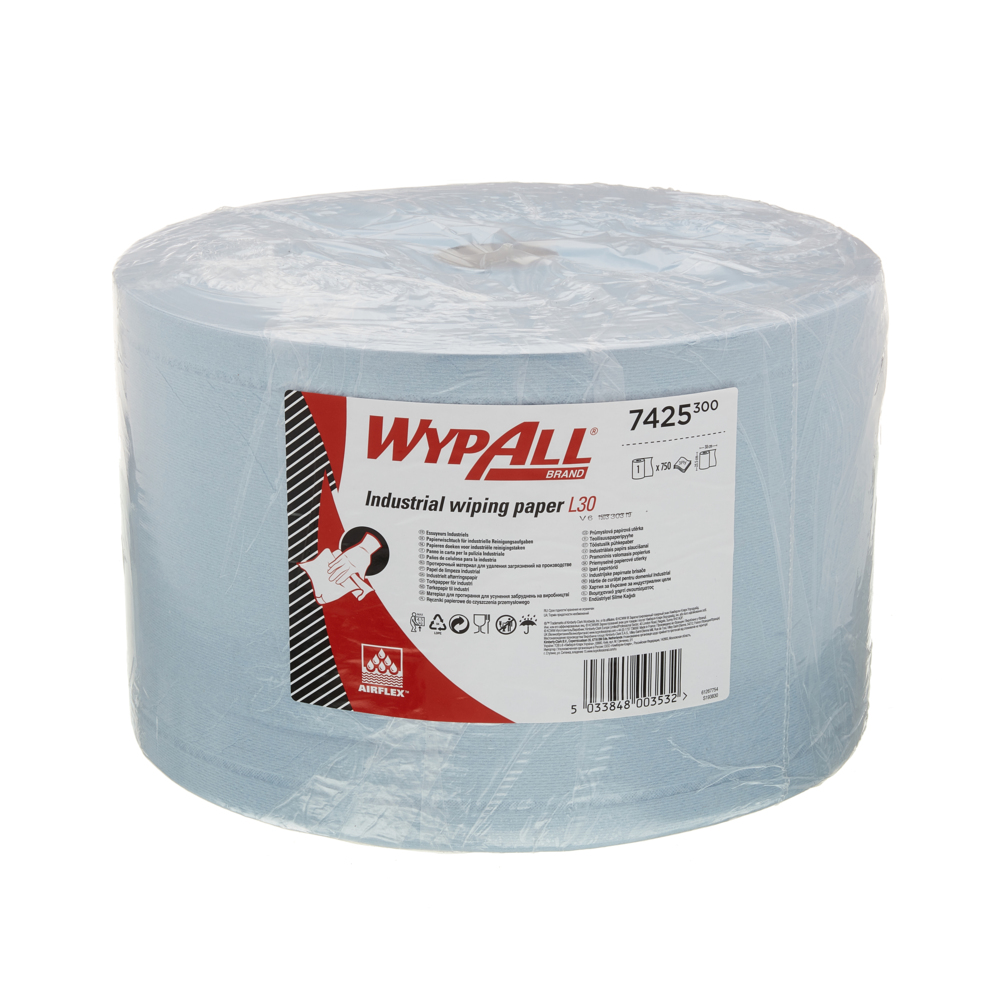 WypAll® Papierwischtücher für industrielle Reinigungsaufgaben L30, Jumborolle, 7425 – 1 Rolle x 750 Wischtücher, 3-lagig, blau - 7425