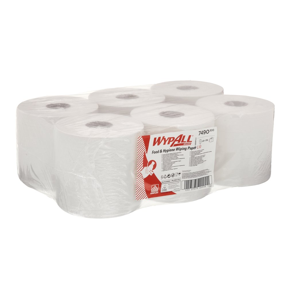 WypAll® Papierwischtücher für Lebensmittel & Hygiene L10 mit Zentralentnahme für Roll Control™ Spender 7490 – 6 Rollen x 630 Wischtücher, 1-lagig, weiß - 7490