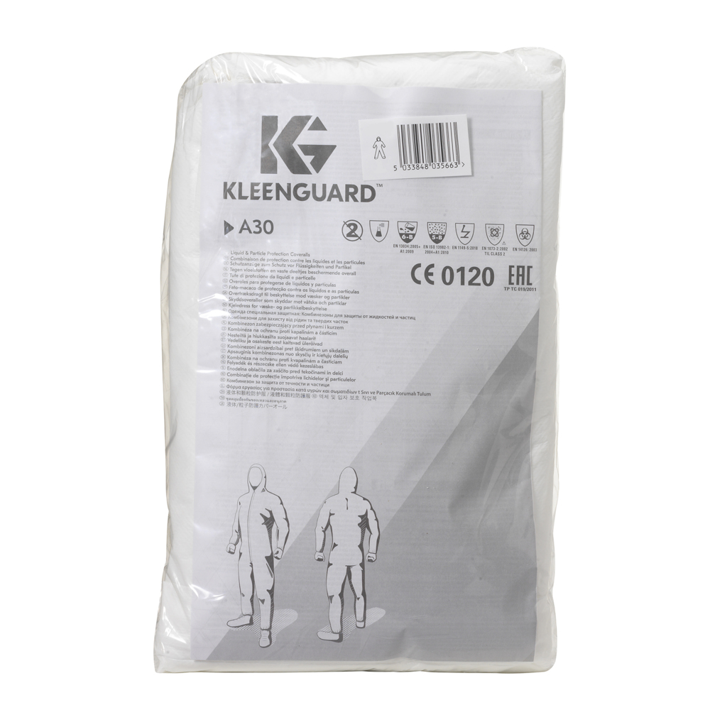 KleenGuard® A30 flüssigkeitsdichter und partikeldichter Schutzanzug 98002 – weiß, M, 1x25 (insgesamt 25 Stück) - 98002