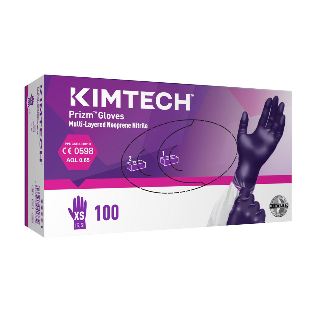 Kimtech™ Prizm™ mehrschichtige Neopren-Nitrilhandschuhe - 24 cm, beidhändig tragbar 99221 - dunkel violett / dunkel magenta / XS – 10 Boxen x 100 Einmalhandschuhe (1.000 Handschuhe) - 99221