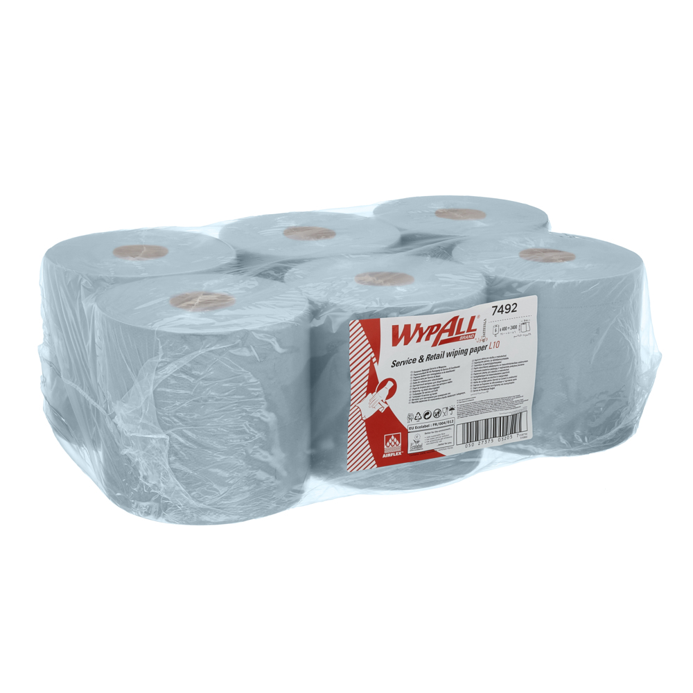 WypAll® Papierwischtücher für die Reinigung im Service & Einzelhandel L10 mit Zentralentnahme für Roll Control™ Spender 7492 – 6 Rollen x 400 Wischtücher, 1-lagig, blau - 7492