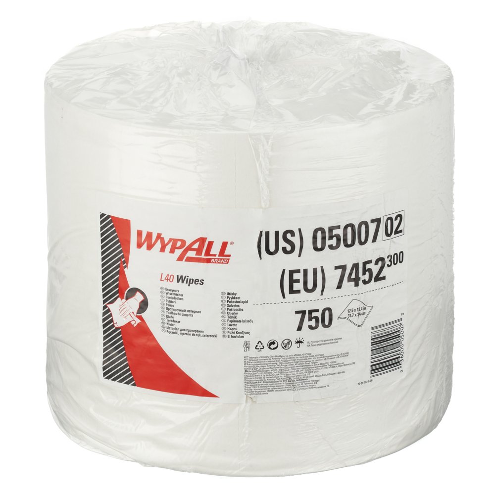 WypAll® L40 Wischtücher 7452 auf der Großrolle – 1 Rolle mit 750 weißen, 1-lagigen Tüchern - 7452