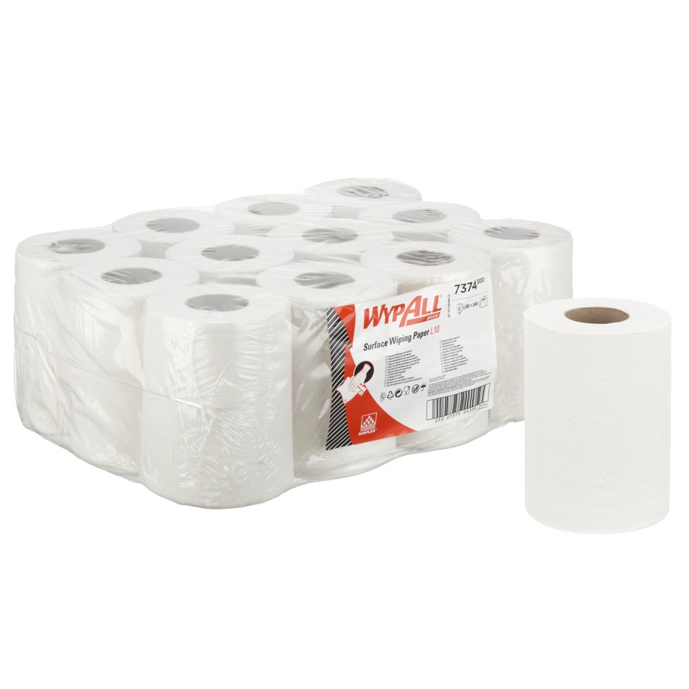 WypAll® Papierwischtücher für Oberflächen L10, Rolle mit Zentralentnahme 7374 – 12 Rollen x 200 Wischtücher, 1-lagig, weiß - 7374