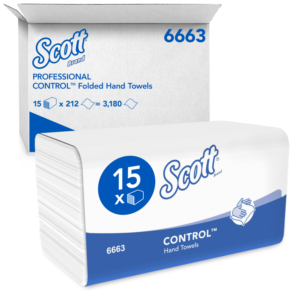 Scott® Control™ Papierhandtücher mit Interfold-Faltung 6663 – Papierhandtücher mit V-Faltung – 15 Packungen x 212 Papierhandtücher (insges. 3.180)
