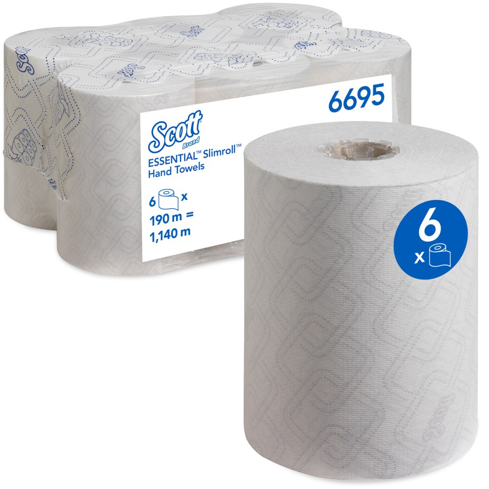 Scott® Essential™ Slimroll™ Papierhandtücher gerollt 6695 – 6 x 190 m Handtuchrollen, weiß (insges. 1.140 m) - 6695