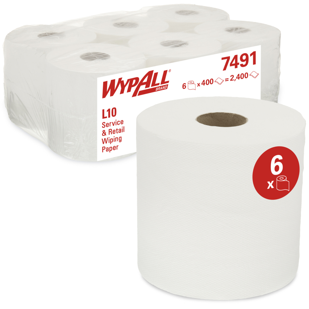 WypAll® Papierwischtücher für die Reinigung im Service & Einzelhandel L10 mit Zentralentnahme für Roll Control™ Spender 7491 – 6 Rollen x 400 Wischtücher, 1-lagig, weiß - 7491