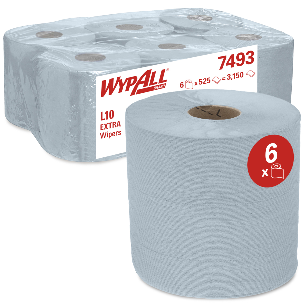 WypAll® L10 Extra Wischtücher 7493 im RCS-System mit Zentralentnahme – 6 Blaue Rollen mit je 525 Reinigungstüchern - blau, 1-lagig - 7493