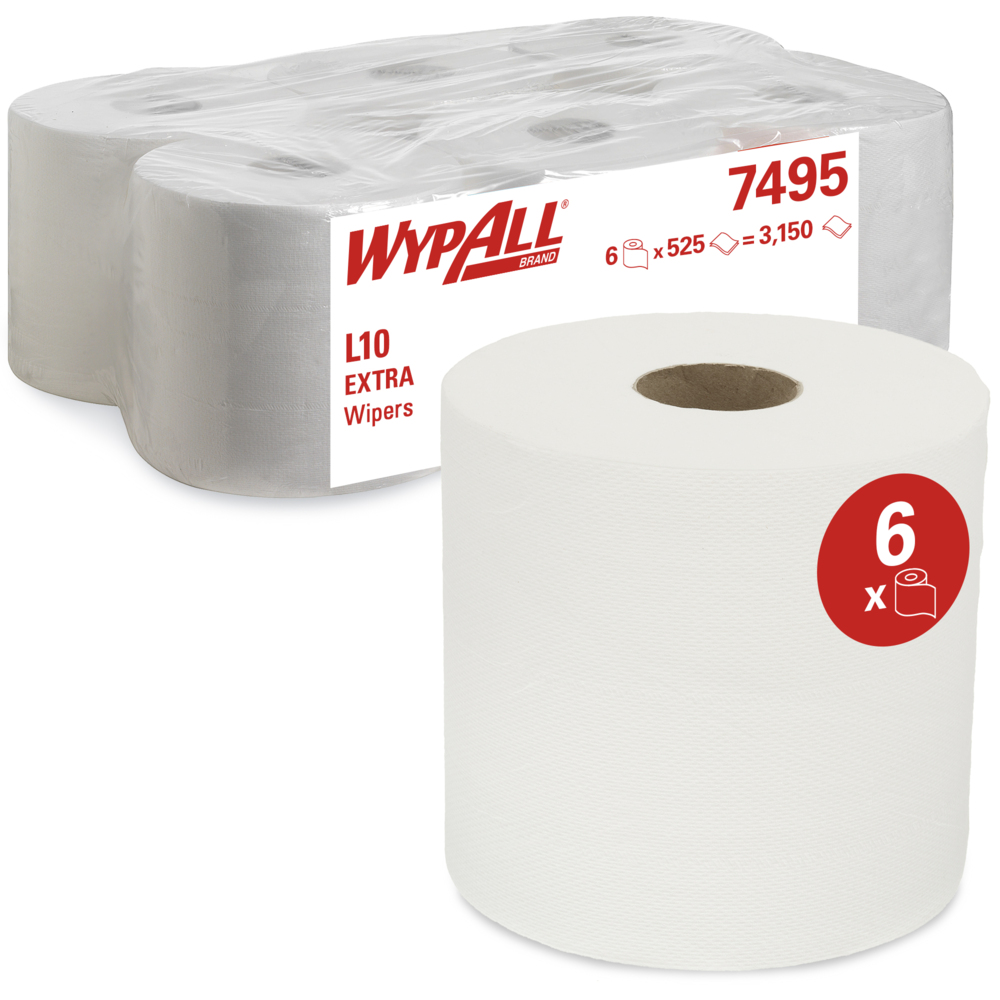 WypAll® L10 Extra Wischtücher 7495 im RCS-System mit Zentralentnahme – 6 Rollen mit je 525 weißen, 1-lagigen Wischtüchern - 7495