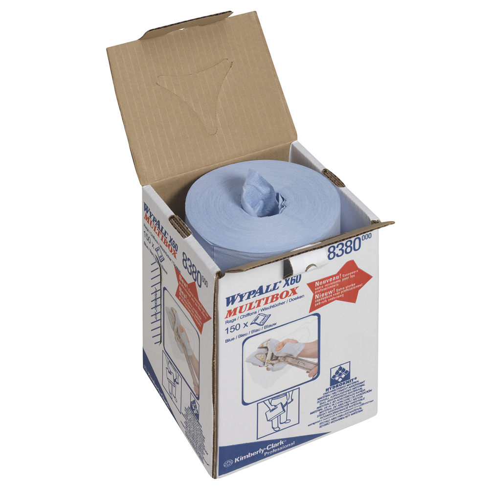 WypAll® X60 Reinigungstücher 8380 – Putzrolle mit Zentralentnahme, blau - 1 blaue Putzrolle mit Zentralentnahme x 150 industrielle Reinigungstücher - 8380