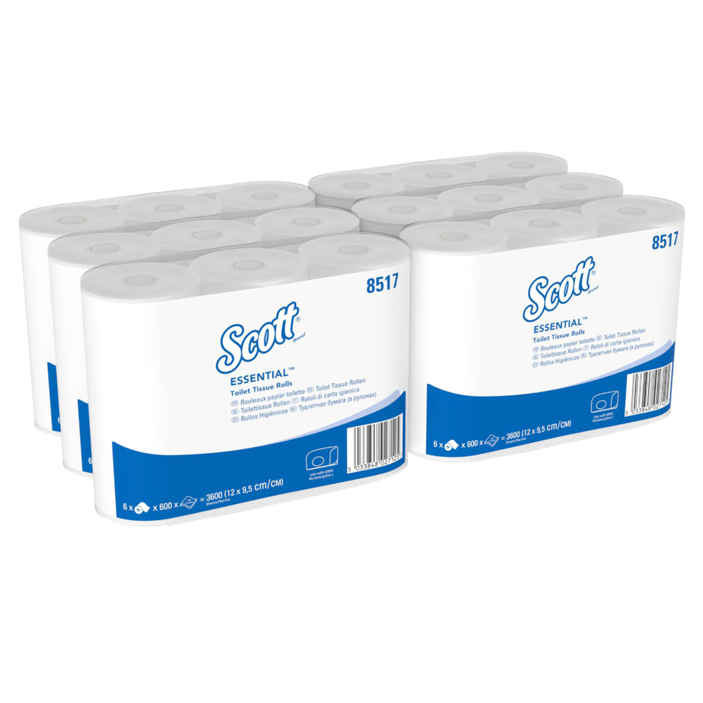 Scott® Essential™ Toilettenpapierrollen 8517 – 2-lagiges Toilettenpapier – 6 Packungen mit je 6 Rollen x 600 Blatt, weiß (insges. 36 Rollen/21.600 Blatt) - 8517