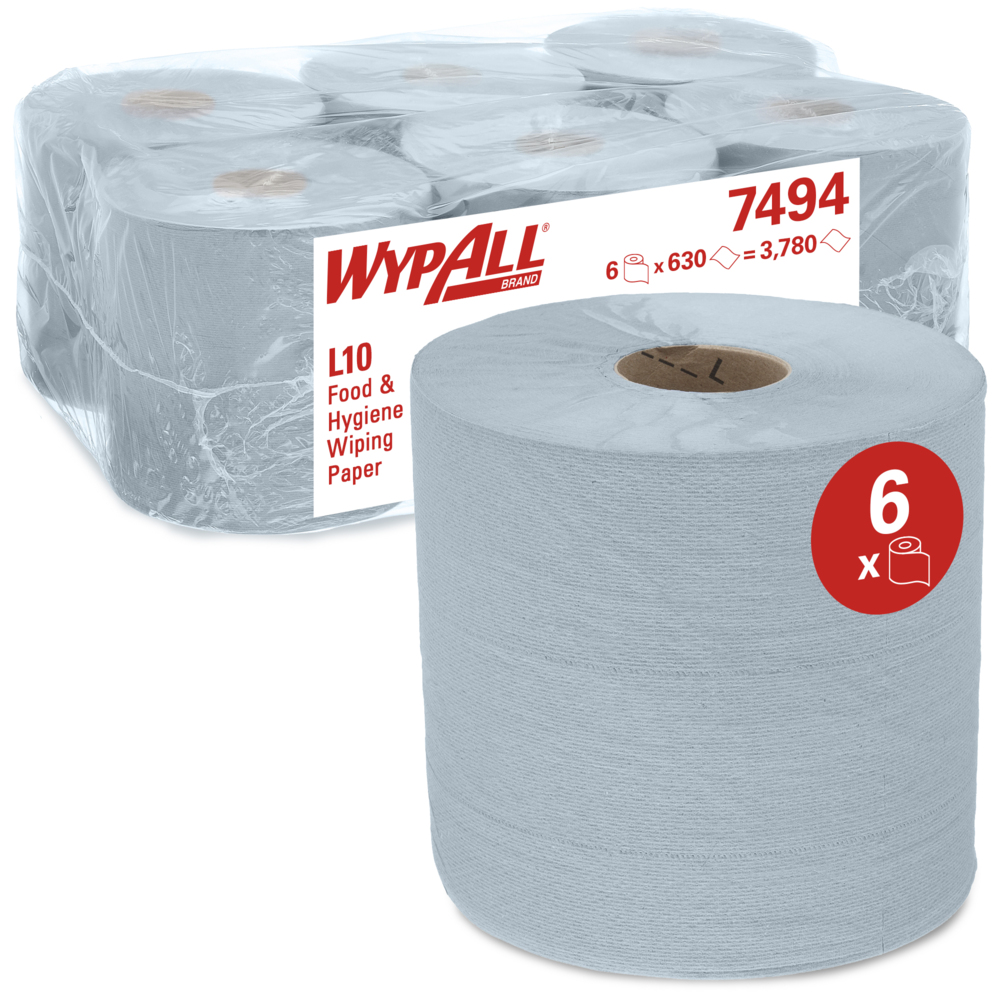 WypAll® Papierwischtücher für Lebensmittel & Hygiene L10 mit Zentralentnahme für Roll Control™ Spender 7494 – 6 Rollen x 630 Wischtücher, 1-lagig, blau - 7494