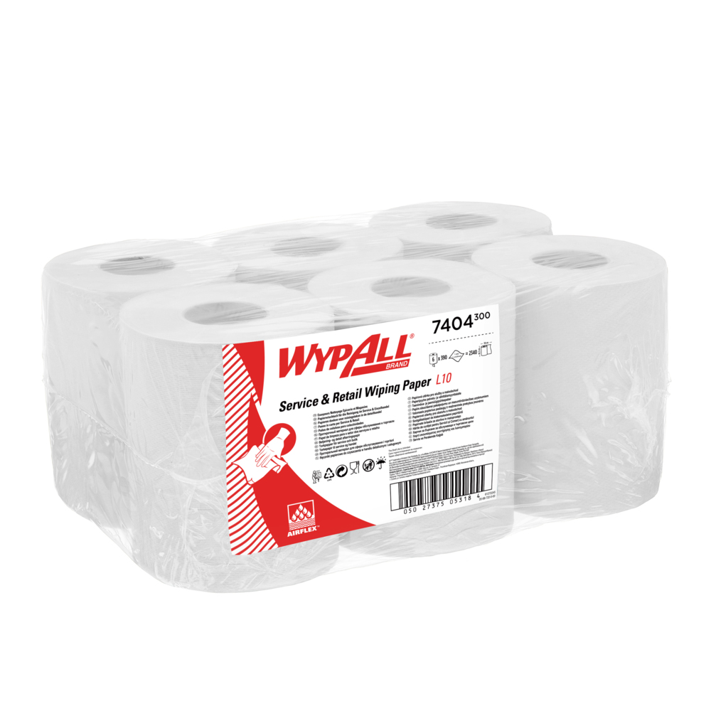WypAll® L10 Papier-Reinigungstücher für Service u. Einzelhandel 7404 – 1-lagige Rolle mit Zentralentnahme – 6 Rollen mit Zentralentnahme x 390 weiße Papier-Wischtücher (insges. 2.340) - 7404