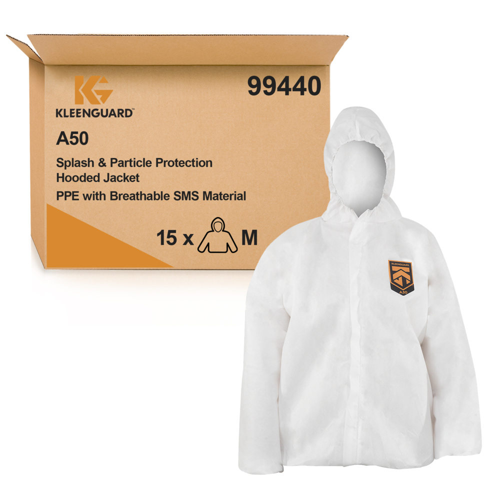 KleenGuard® A50 atmungsaktive, spritzdichte und partikeldichte Jacke mit Haube 99440 – weiß, M, 1x15 (insgesamt 15 Stück) - 99440