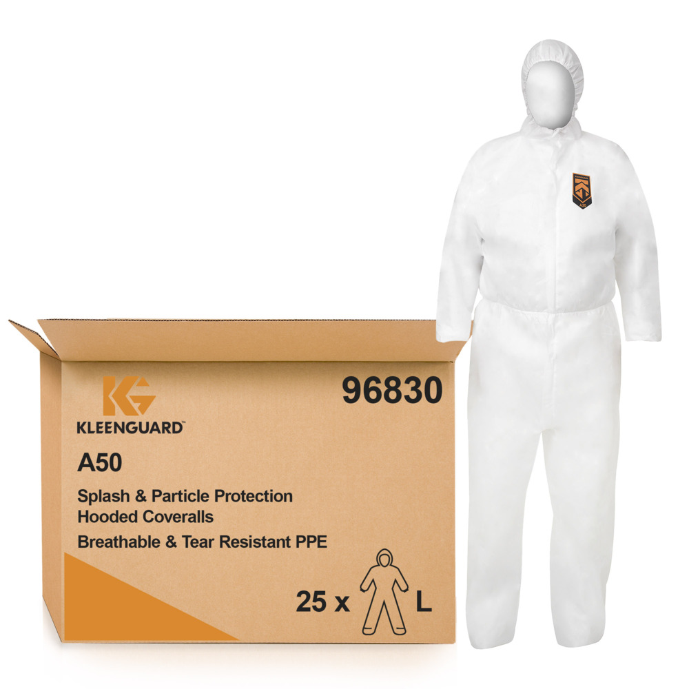 KleenGuard® A50 atmungsaktiver, spritzdichter und partikeldichter Schutzanzug mit Haube 96830 – weiß, L, 1x25 (insgesamt 25 Stück) - 96830