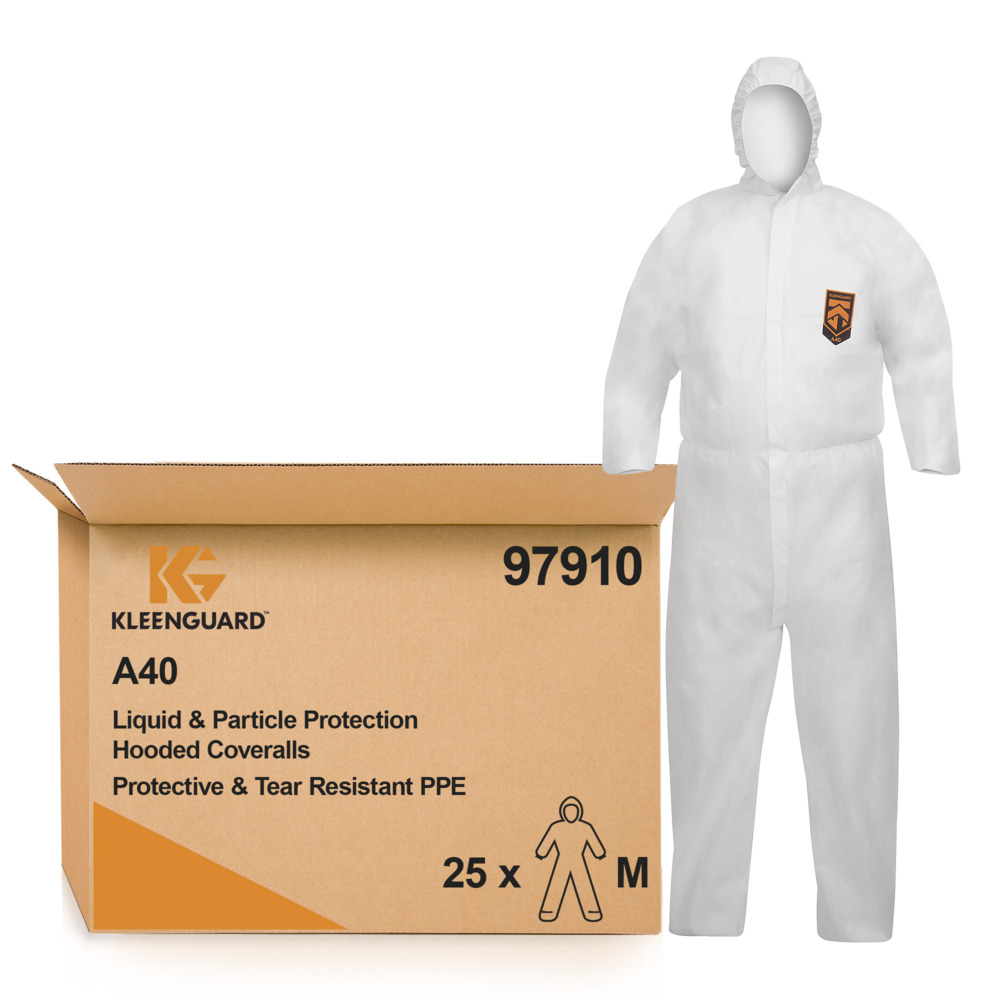 KleenGuard® A40 flüssigkeitsdichter und partikeldichter Schutzanzug mit Haube 97910 – weiß, M, 1x25 (insgesamt 25 Stück) - 97910