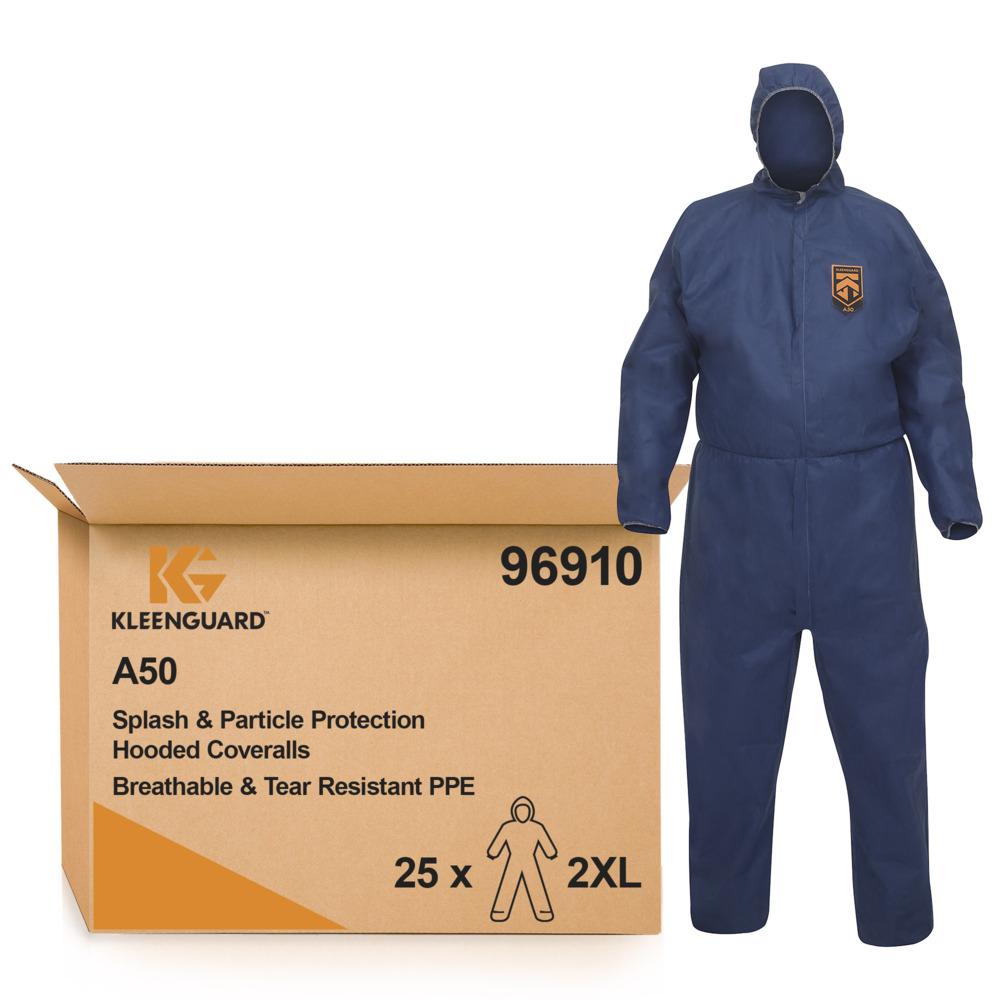 KleenGuard® A50 atmungsaktiver, spritzdichter und partikeldichter Schutzanzug mit Haube 96910 – blau, 2XL, 1x25 (insgesamt 25 Stück) - 96910