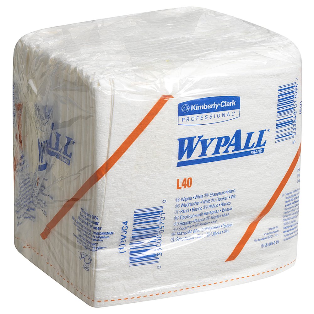 WypAll® L40 Wischtücher 7471 – 18 Packungen mit je 56 gefalteten, weißen, 1-lagigen Tüchern - 7471