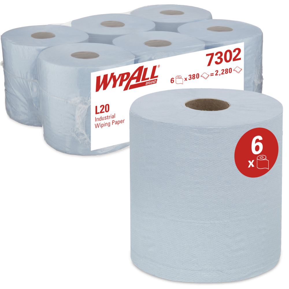 WypAll® Industriewischtücher L20, mit Zentralentnahme, 7302 – 6 Rollen x 380 Wischtücher, 2-lagig, blau - 7302