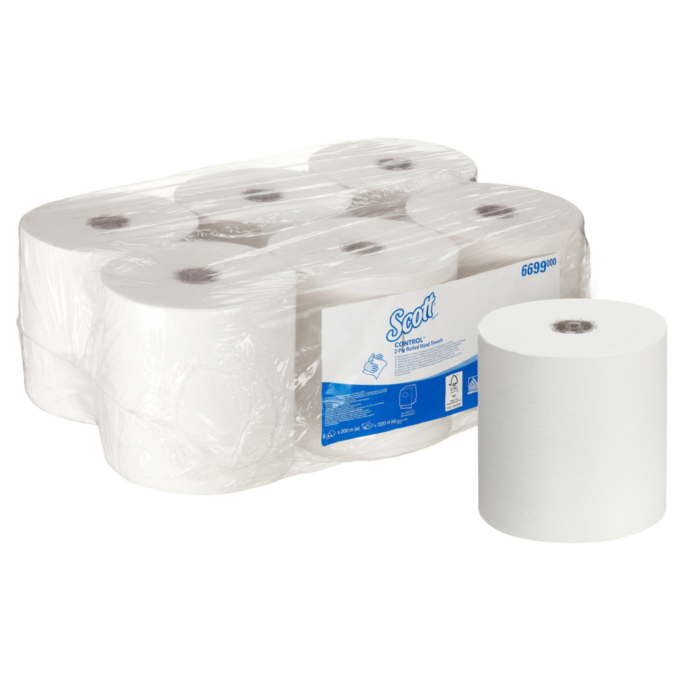 Scott® Control™ Papierhandtücher in Rollen 6699 – 2-lagige Einmal-Papierhandtücher – 6 Papierhandtuchrollen x 200 m Papierhandtücher, weiß (insges. 1.200 m)