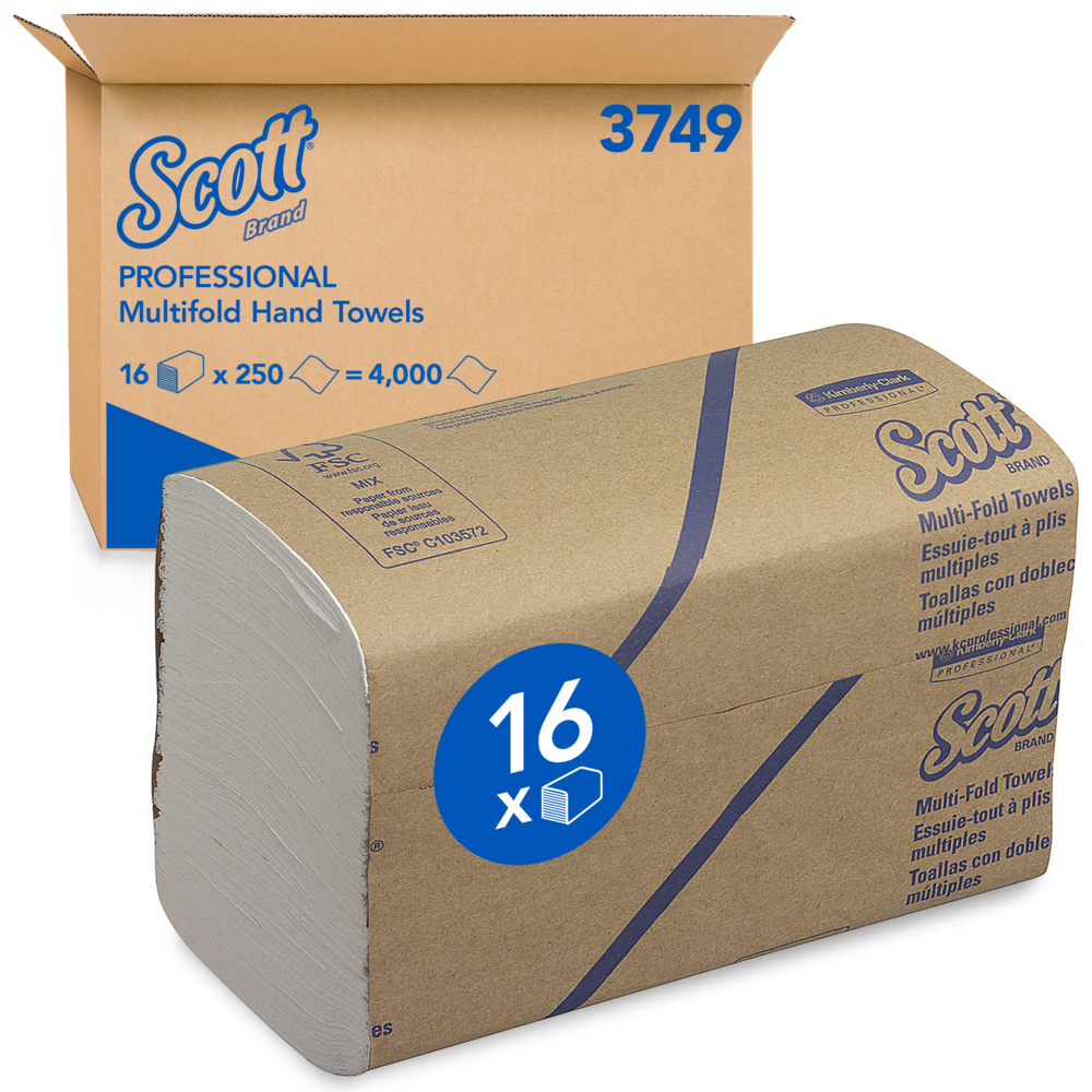 Scott® Multifold Handtücher 3749 – gefaltete Papierhandtücher – 16 Packungen x 250 weiße Papierhandtücher (insges. 4.000) - 3749