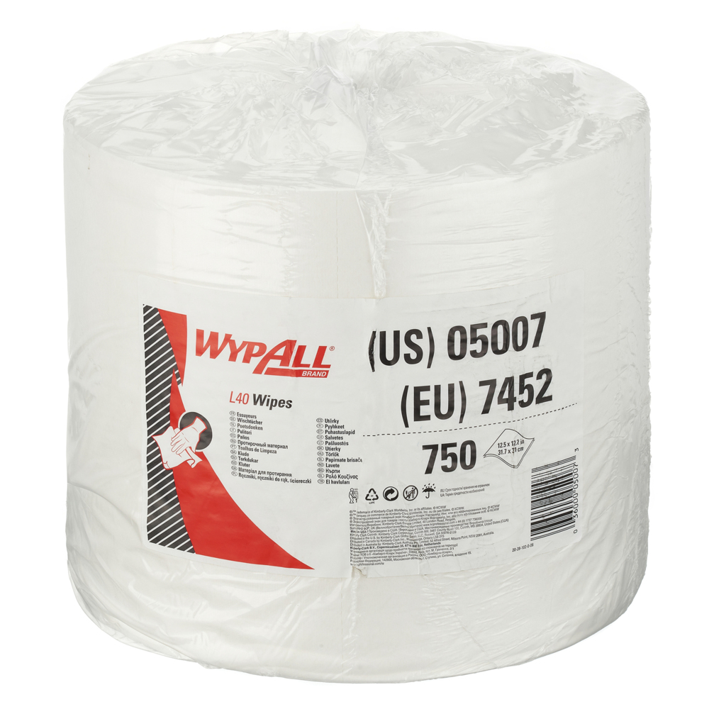 WypAll® L40 Wischtücher 7452 auf der Großrolle – 1 Rolle mit 750 weißen, 1-lagigen Tüchern - 7452