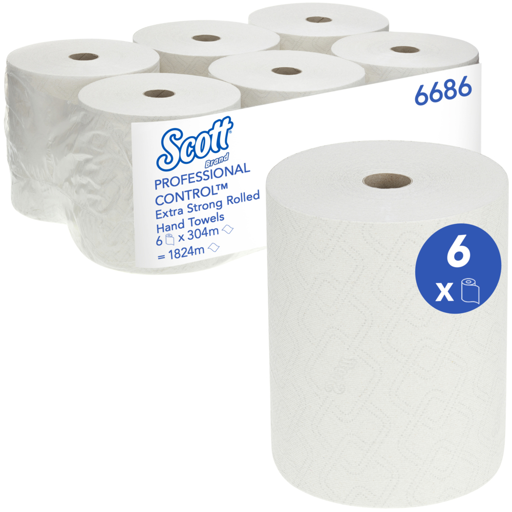 Scott® Extra Strong Handtücher 6686 – 304 m langes, weißes, 1-lagiges Tuch pro Rolle (Ein Karton enthält 6 Rollen) - 6686