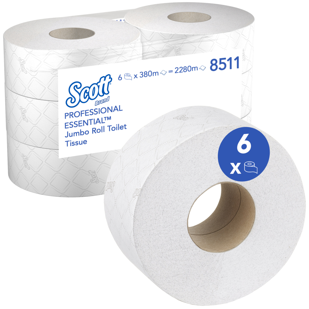 Scott® Essential™ Jumbo Toilettenpapierrolle 8511 – Jumbo-Rolle Toilettenpapier – 6 Rollen x 380m Blatt 2-lagigen Toilettenpapiers (2.280m gesamt) - 8511