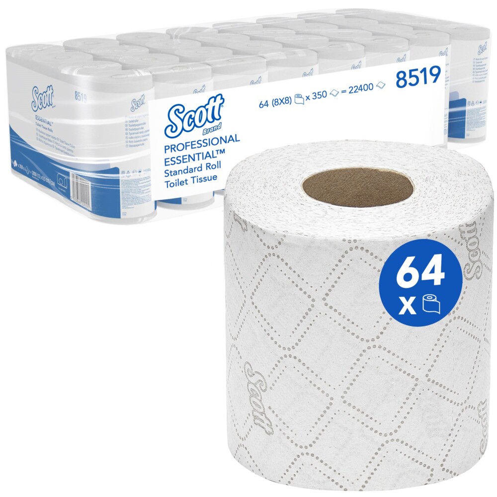 Scott® Essential™ Toilettenpapier 8519 - 64 Toilettenpapierrollen x 350 Wc-papier Blätter (22.400 Blätter) - weiß, 2-lagig 
