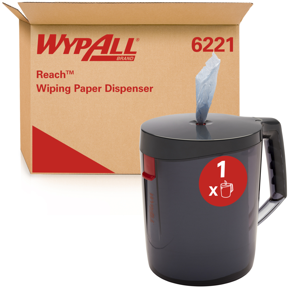 WypAll® Reach™ Tragbarer Spender für Zentralentnahme 6221 – Spender für weiße oder blaue Papier-Reinigungstücher – Einzelblattentnahme