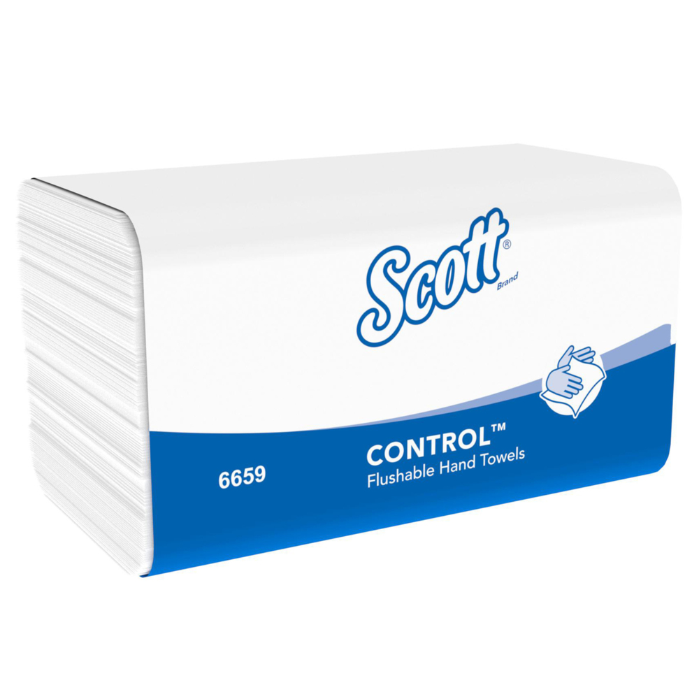 Scott® Control™ Herunterspülbare Falthandtücher 6659 – 15 Packungen mit je 300 weißen, 1-lagigen Tüchern. - 6659
