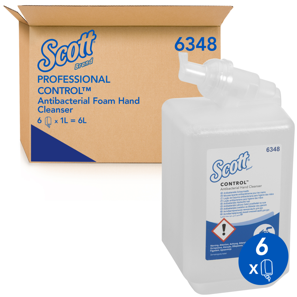Scott® Control™ antibakterielle Schaum-Seife für häufige Verwendung 6348 – unparfümierte Handseife – 6 x 1 Liter, Kassetten farbloser Handreiniger (insges. 6 l)