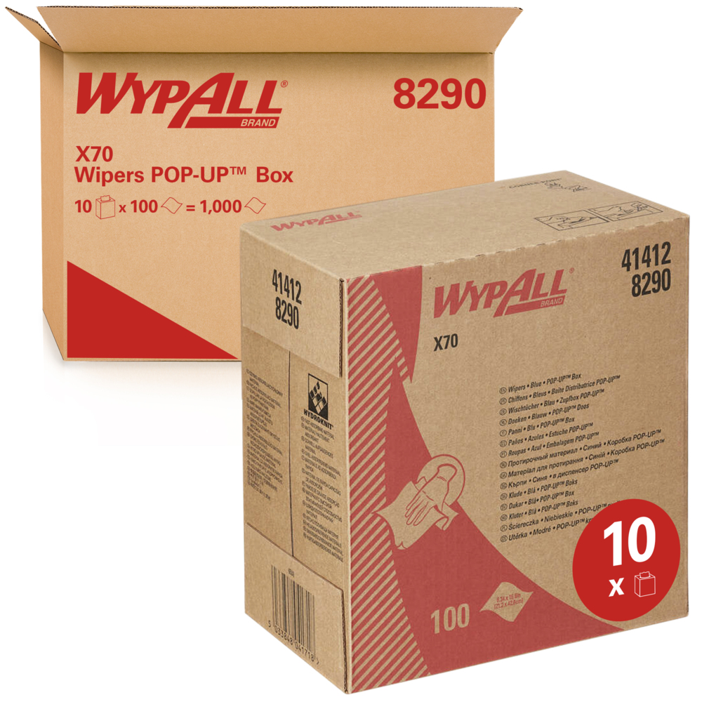 WypAll® X70 Reinigungstücher 8290 – 10 Zupfboxen mit je 100 blauen, 1-lagigen Tüchern - 8290