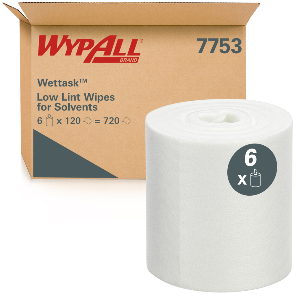 WypAll® Wettask™ fusselarme Reinigungstücher für Lösungsmittel 7753 – industrielle Reinigungstücher – 6 Rollen x 120 weiße Reinigungstücher (insg. 720)