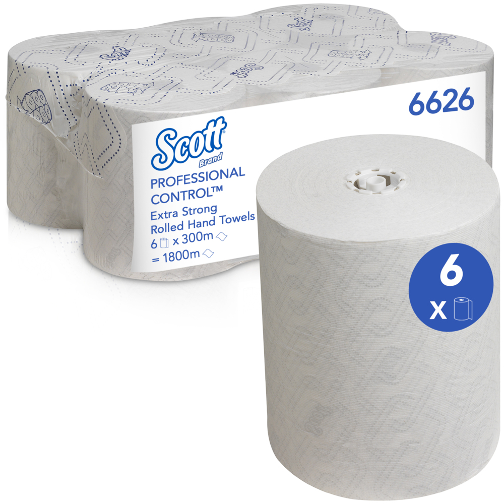 Scott® Control™ Extrastarke Papierhandtücher gerollt 6626 – Papiertücher – 6 x 300 m weiße Handtücher Rollen (insges. 1.800 m)