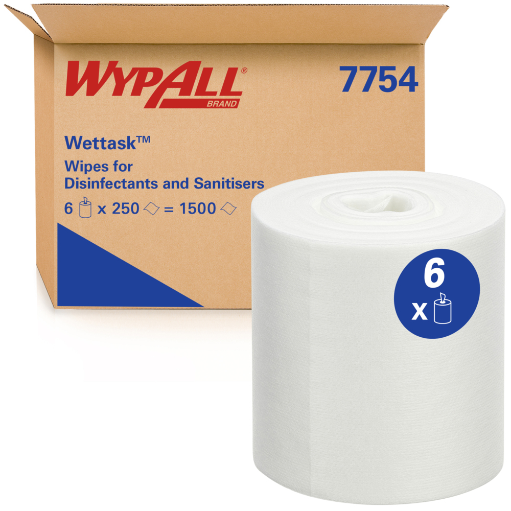 WypAll® Wettask™ Tücher für Desinfektionsmittel 7754 – Reinigungstücher für mehrere Oberflächen – 6 Rollen x 250 weiße Reinigungstücher (insg. 1.500) - 7754